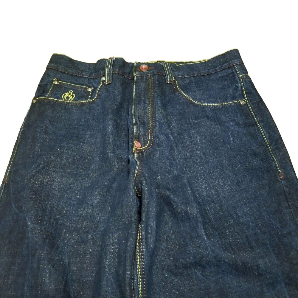 Eight 732 Jeans Men Size 34x33 Dark Blue Skull Embroidery Rear Pocket (34x32.5) - Picture 3 of 5